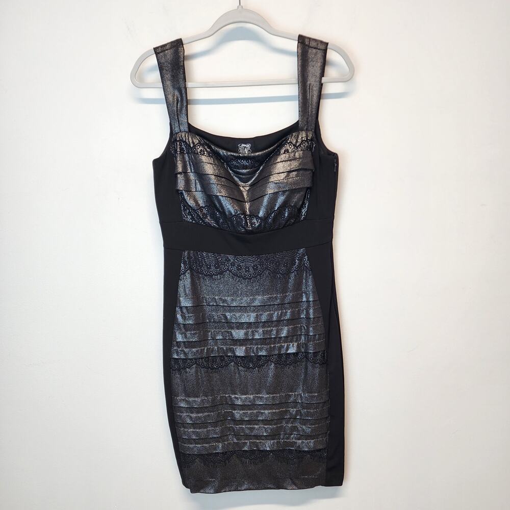 Jax Womens Black Metallic Dress Size 10 Lace Pleated Square Neck Cocktail Y2K